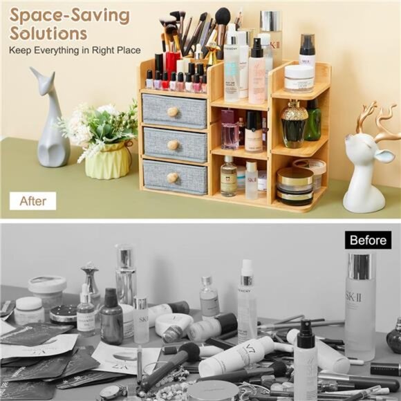 Makeup Organizer Countertop,Cosmetic Skincare Organizers With 3 Brush Holders - Picture 5 of 7